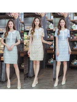 kudapy เดรสสั้นสีเหลือง/สีเขียว/สีฟ้า เดรสลายดอกคอปกแต่งลายลูกไม้สวยดูดี