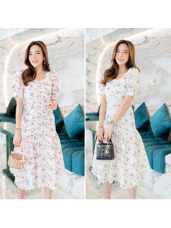 kudapy เดรสสั้นสีเหลือง/สีชมพู คอเหลี่ยมแต่งระบายลูกไม้ลายดอกไม้