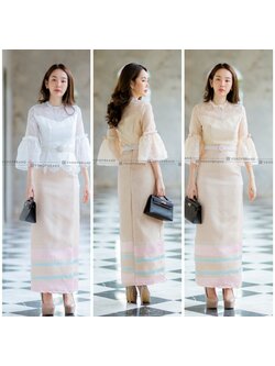 kudapy เซ็ตเสื้อ+ผ้าถุงพิมพ์ลาย สีทอง/สีขาวครีม แขนกระดิ่ง ทรงสวย ชุดไปงานแต่ง ชุดไทยประยุกต์