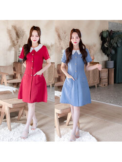 kudapy เดรสสั้นสีแดง/สีฟ้าคราม ทรงบานแต่งกระดุมหัวใจ7ชิ้น