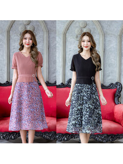 kudapy เดรสสั้นสีน้ำตาล/สีดำ ผ้าชีฟองฟ้าพริ้วใส่สบาย งานดีเทลช่วงตัวเสื้อเป็นผ้าชีฟองสีพื้นกระโปรงเป็นผ้าชีฟองพิมพ์ลาย