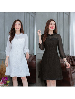 kudapy เดรสสั้นสีขาว/สีดำ เดรสลูกไม้ ช่วงคอมีดีเทลจับจีบแต่งลูกไม้ แขนชีฟองใส่สบาย แต่งลูกไม้ช่วงอกและชายกระโปรงสวย