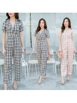 kudapy จั้มสูทขายาวคอวีสีกรม/สีชมพู/สีดำ ปกสูทขายาวลายสก๊อต