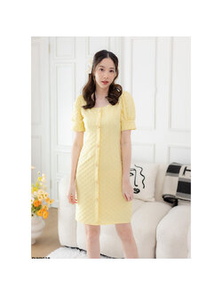 kudapy เดรสสั้นสีเหลือง ทอนูนลายดอกไม้แขนตุ๊กตา