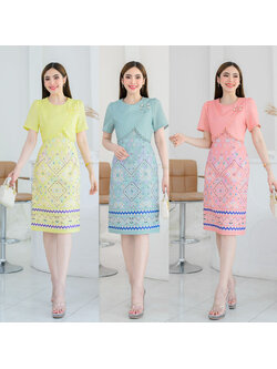 kudapy เดรสสั้น เดรสผ้าโพสลีเอสเตอร์เกาหลีแต่งกั๊กติดกระดุมมุกงาน พิมพ์ลายไทยแพรวา มีซับในและชิปหลังใส่สบาย