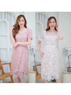 kudapy เดรสสั้นคอเหลี่ยมสีขาว/สีชมพู แขนตุ๊กตาผ้าลูกไม้ทั้งชุดสวยใส่สบายตัว