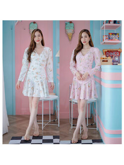 kudapy เดรสสั้นสีชมพู/สีขาว แขนยาวลายดอกไม้สวยดูดีใส่สบาย