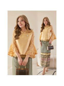 kudapy เสื้อไหมญี่ปุ่นสุดพรีเมี่ยมงานปราณีตสีเหลืองทอง แต่งแขนระย้าด้วยผ้าลูกไม้ใยบวบเนื้อนิ่ม (เฉพาะเสื้อ)