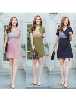 kudapy เดรสสั้นสีชมพู,เขียว,กรม ใส่ทำงานแต่งกระดุมคู่ทูโทนสวยน่ารัก