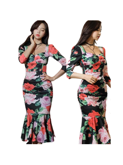 kudapy ดรสพิมพ์ลายดอกกุหลาบพื้นสีดำ ผ้าไนลอน ยืดได้ ทรงหางปลาเอวสูงซิปหลัง สวยเหมือนแบบเป๊ะ