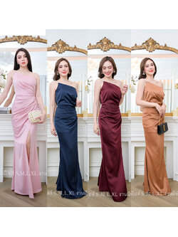 kudapy เดรสยาวสีกรม/สีน้ำตาลอิฐ/สีไวน์แดง/สีชมพูกรีบบัวชุดราตรีพรีเมี่ยมเกรด แต่งไหล่เดียวสายเพชร ใส่ออกงาน หรือยกตีมเพื่อนเจ้าสาว