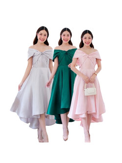 kudapy เดรสหน้าสั้นหลังยาวสีเขียว/สีเทา/สีโรสโกล เปิดบ่าTwist อกใหญ่ ปิดพรางซ้อนแขน กระโปรงทรงหน้าสั้นหลังยาว ทรงสวยเด่น