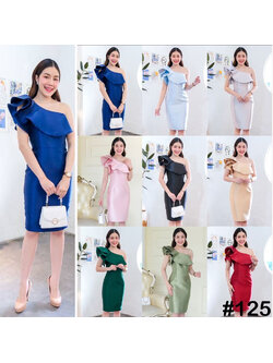 kudapy เดรสสั้นสีขียวอมเทา,ชมพู,ฟ้า,แดง,ทอง,เทา,กรม ,เขียว บ่าเดี่ยว จับเดรปแขน สองชั้น ระบายจีบช่วงอก