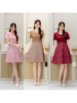 kudapy เดรสสั้นสีน้ำตาล/สีชมพู/สีแดง เสื้อสีพื้นแต่งชายเสื้อระบายกระดุม 3 ชิ้น