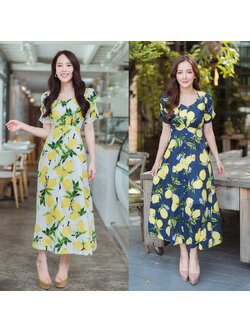 kudapy เดรสยาวพิมพ์ลายดอกสีกรม,สีขาว ลายมะนาวผ้าใส่สบายสวยดูดีมากๆ