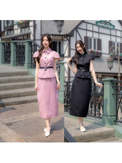 kudapy ชุดเซ็ทออกงาน+เข็มขัด แขนสั้นคอปก ใส่ออกงานสวยดูดี