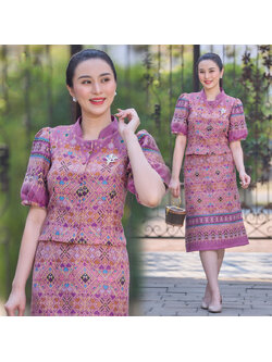 kudapy ชุดเซ็ทสีม่วง เสื้อคอจีน ผ้าทอลายไทย อัดกาวทั้งชุด ชุดออกงา เนื้อเบาสบาย ทรงคุณค่า