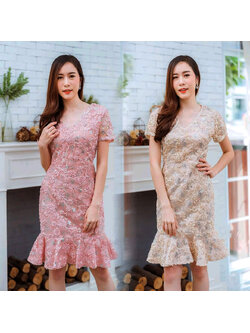 kudapy ชุดเดรสสั้นไปงานคอวีสีครีมทอง/สีชมพูพริ้งโกลด์ เดรสแขนสั้นทรงหางปลา ซับใน ซิบหลัง
