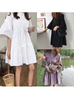 kudapy ชุดเดรสสั้นใส่เที่ยวสีดำ/สีขาว/สีม่วง แต่งดีเทลลายหยักตามแบบ งานช้อปแท้ ผ้าใส่สบายมากไม่ใช่งานก้อปแบบคร่า