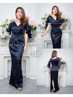 kudapy ชุดราตรียาวระบายแขน คอวี สีกรมท่า เก็บเอวเข้ารูปทรงสวยมาก ผ้าเปเป้เนื้อเงา