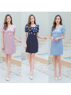 kudapy เดรสสั้นพิมพ์ลายหัวใจ คอเหลี่ยมตัวยู เดรสสั้นสีชมพู/สีฟ้า/สีกรม จั๊มแขนดอกกระโปรงสีพื้น