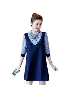 kudapy เดรสสั้นทรงเอี้ยมสีกรม คอปีนผูกโบว์ แขนยาวสีฟ้า มีเชือกผูกโบว์ตรงคอ แต่งระบายคอ ผ้านิ่มใส่สบายคะ