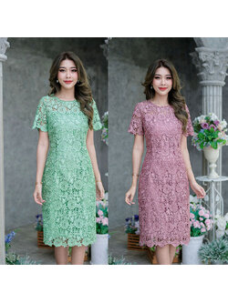 kudapy เดรสสั้นสีชมพูกะปิ/เขียว ลูกไม้ถักทรงแขนสั้น ทรงยอดนิยมของทางร้านค่ะ สวยเรียบใส่ง่าย