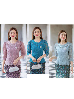 kudapy kudapy (เฉพาะเสื้อ) เสื้อลูกไม้สีม่วง/สีเขียว/สีฟ้า ผ้าลูกไม้ใยบวบเนื้อดี คอกลมสูง มีซับใน ซิปหลัง