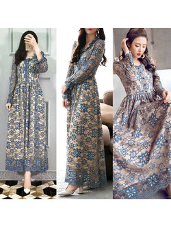 kudapy เดรสลูกไม้แขนยาวสีน้ำเงินกรมท่าตัดกับซับในสีเนื้อ ใช้ผ้าลูกไม้ทอนูนอย่างดี คอระบาย ด้านหน้าแต่งกระดุม ช่วงแขนยาวระบายปลายแขน