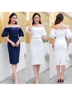 kudapy เดรสสั้นสีขาว/สีกรม ทรงสอบ เปิดบ่าแขนพอง พร้อมเข็มขัดโบว์ กระโปรงสอบทรงดินสอ เก็บทรง ผ่าหลังเดินง่าย ซิปหลังยาว
