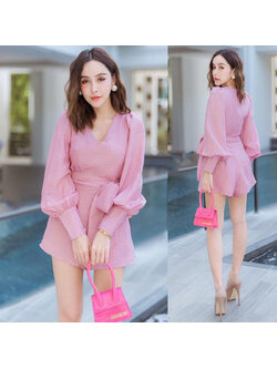 kudapy จั้มสูทสีชมพู น่ารัก สีชมพูสวย พิมพ์ลายจุดเล็กๆ