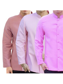 kudapy เสื้อผ้าไหมคอพระราชทานแขนยาว สีชมพูอ่อน ,สีชมพูกลีบบัว ,สีชมพูกะปิ เสื้อผ้าไทยผู้ชาย คอพระราชทาน ผ่าหน้า แขนสั้น มีกระเป๋าด้านซ้ายบน (อัดผ้ากาว มีฟองน้ำเสริมไหล่)