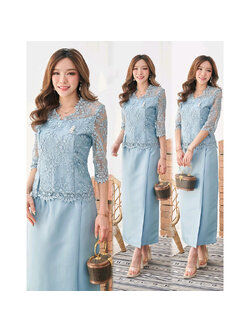 kudapy เซตออกงานยาวสีฟ้า ลูกไม้ใยบวบคอปีนปักเลื่อมเกรดพรีเมี่ยม ดีเทลตรงเอวเวลาใส่แล้วพรางหน้าท้องดีมากๆและดูหรู