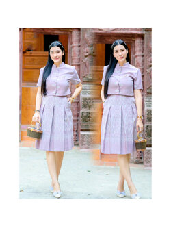 kudapy ชุดเซ็ทเสื้อ+กระโปรง ทรงคอจีนกระดุมจริง ผ้าถุงทรงจีบทวิส สวยงามใส่ได้หลายโอกาส