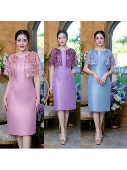 kudapy เดรสสั้นสีชมพู/สีฟ้า/สีม่วง ผ้าไหมญี่ปุ่นตัวสวยช่วงบนเป็นงานผ้าลูกไม้เงานปักลายและตกแต่งเลื่อม ดีไซน์คลุมไหล่ระบาย