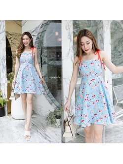kudapy Mini dress ลายเชอรี่สีฟ้า ผูกไหล่แบบผูกเอง มีสม๊อคด้านหลัง มีซิปข้าง มีซับด้านใน