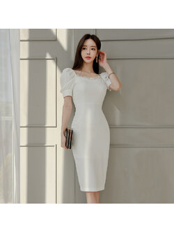 kudapy เดรสออกงานสีขาว ทรงเข้ารูป แขนสั้น เรียบหรูดูแพง สวยดูดี แบบสวยทันสมัย ใส่ออกงาน งานราตรี