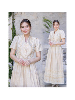 kudapy เซ็ทผ้าฝ้ายไทลื้อสีครีม งดงามอย่างไทยเป็นงานผ้าทอละเอียดสวยคมชัด อัดกาว