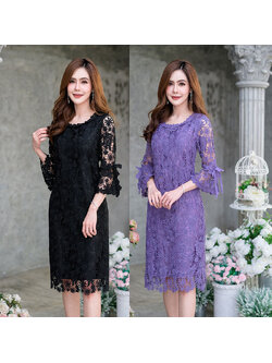 kudapy เดรสสั้นสีดำ/สีม่วง ลูกไม้ถัก งานผ้าลูกไม้ทอลายเนื้อนิ่ม ดีไซน์ปลายแขนระบาย แต่งโบว์ รอบคอแต่งด้วยลูกไม้สวยหวาน