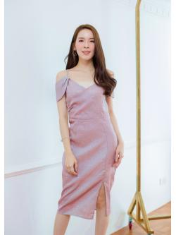 เดรสสั้นใส่ออกงานสีเงินประกายชมพู ผ้ากริสเตอร์วิ้งๆ