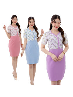 kudapy เดรสสั้นคอวีสีฟ้า,สีชมพู,สีม่วง เดรสสั้นพิลพ์ลายดอก ทรงเอ