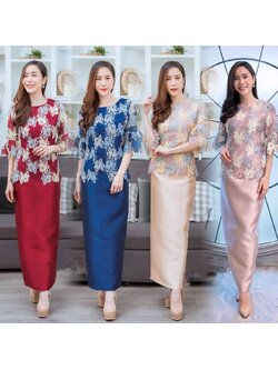 kudapy ชุดเซตไปงาน เซตลุกไม้ สีแดง/สีครีมทอง/สึน้ำเงินกรมท่า/สีชมพูนู้ด เซตเสื้อลูกไม้คอกลมแขนกระดิ่ง+กระโปรงผ้าไหมอิตาลีทรงเอ ลูกไม้ปักเลื่อม มีซับใน ซิบหลัง