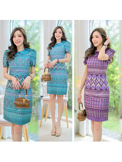 kudapy เดรสสั้นสีเขียว/สีม่วง/สีชมพู คอบัวปริ้นลายไทยสวยมากๆ เนื้อผ้าใส่ไม่ร้อน ตัวชุดอัดกาวมาพร้อมซับในและชิปซ่อนหลังใส่สบาย
