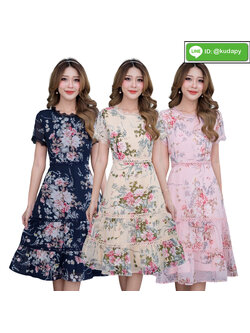 kudapy เดรสสั้นคอกลมแขนสั้นสีชมพู สีเหลือง สีกรมท่า เดรสผ้าชีฟองพิมพ์ลายสวยหวาน มีซิบหลัง ซับในอย่างดีค่ะ