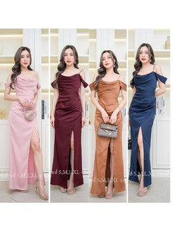 kudapy เดรสยาวเปิดไหล่ใส่ออกงาน สีชมพู/สีกรม/สีน้ำตาลอิฐ/สีแดงเลือดหมู ซับในทั้งชุด ผ้าเครปซาตินเนื้อดี