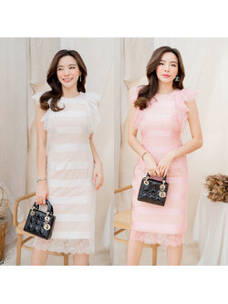 kudapyเดรสสั้นสีชมพู/สีขาว ลูกไม้ลายทางแขนแต่งระบายซับใน