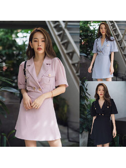 kudapy เดรสสูทกระดุมหน้า ดีไซน์เก๋ด้วยกระโปรงไขว้หน้า เนื้อผ้าทิ้งตัว