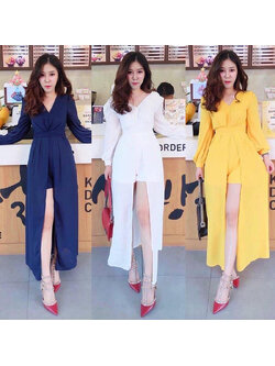 kudapy เดรสจั้ม แขนยาวกระโปรงยาวผ่าหน้า มีกางเกงด้านใน ผ้าพริ้วสวย งานใส่สบาย