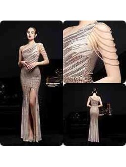 kudapy ชุดราตรียาวไหล่เฉียงข้างสีทองโรสโกลด์ ชุดไปงานแต่งทรงหางปลา เดรสเข้ารูปผ้ายืดปักกริสเตอร์ทั้งชุด งานสวยมีซับอย่างดีค่ะ