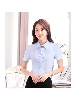 kudapy เสื้อทำงานผู้หญิงแขนสั้น โบว์ถอดได้ สีฟ้าอ่อน